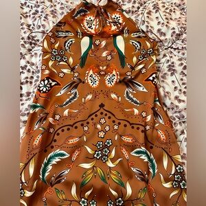 Brown Floral and Bird Print Scarf